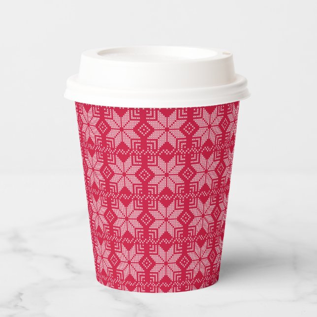 Christmas, Scandinavian, red, white, snowflakes,  Paper Cups (Front)