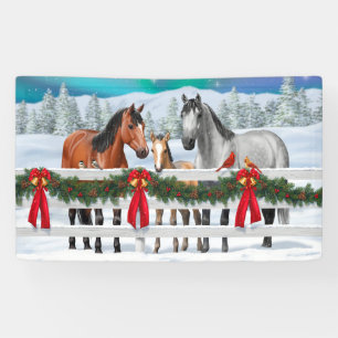 Christmas Scene Bay Buckskin Dapple Grey Horses Banner