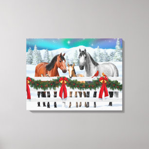 Christmas Scene Bay Buckskin Dapple Grey Horses Canvas Print