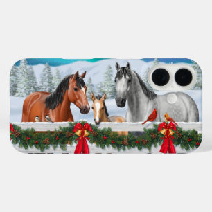 Christmas Scene Bay Buckskin Dapple Grey Horses iPhone 16 Case