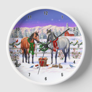 Christmas Scene Bay Buckskin Dapple Grey Horses La Clock