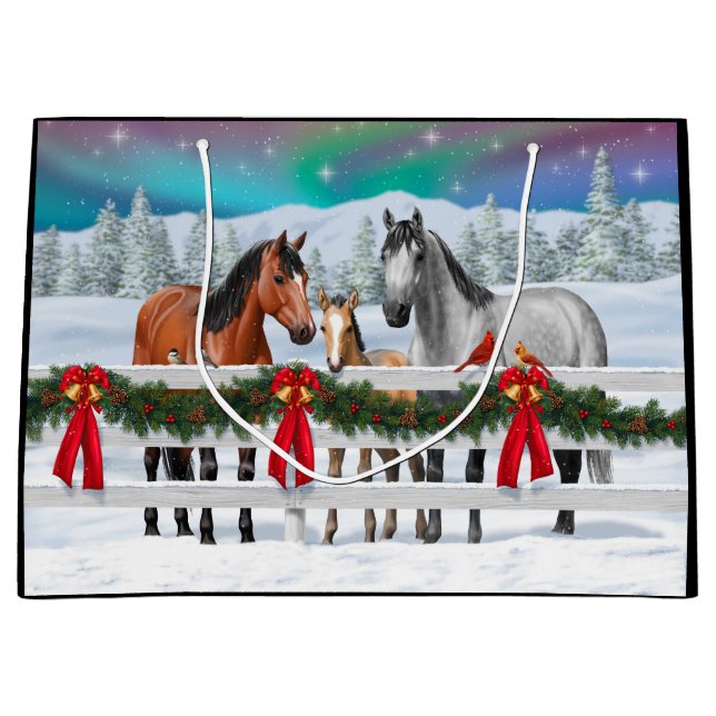 Christmas Scene Bay Buckskin Dapple Grey Horses Large Gift Bag (Front)
