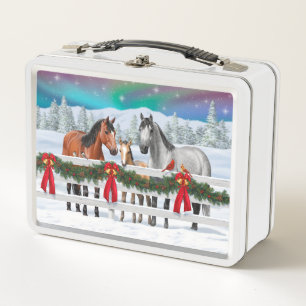 Christmas Scene Bay Buckskin Dapple Grey Horses Metal Lunch Box