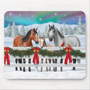 Christmas Scene Bay Buckskin Dapple Grey Horses Mouse Pad