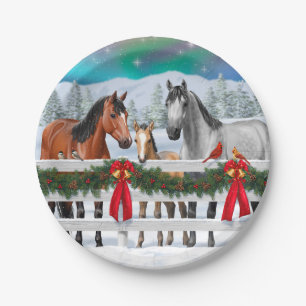 Christmas Scene Bay Buckskin Dapple Grey Horses Paper Plate