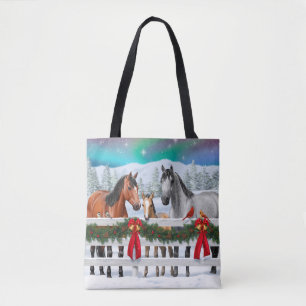 Christmas Scene Bay Buckskin Dapple Grey Horses Tote Bag