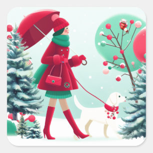 Christmas Scene Girl Walking Dog  Square Sticker