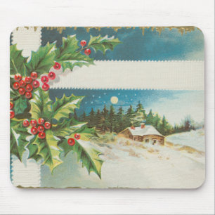christmas scene holly snow winter artwork mouse pad