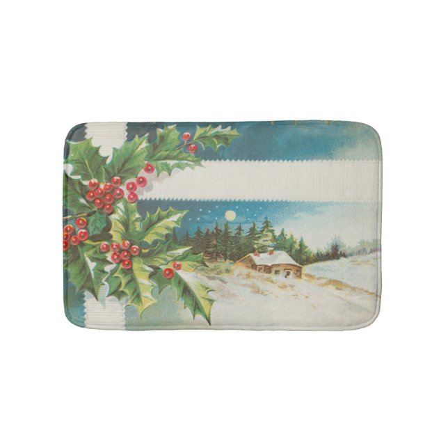 Christmas Scene Holly Snow Winter Bath Mat (Front)