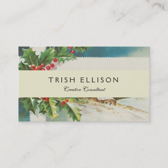 Christmas Scene Holly Snow Winter Business Card (Front)