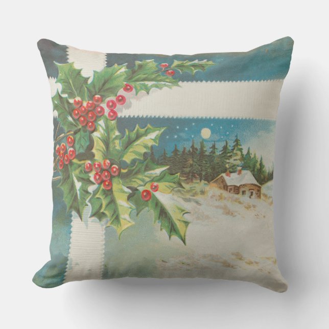Christmas Scene Holly Snow Winter Cushion (Front)