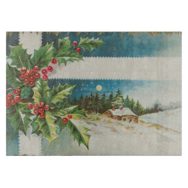 Christmas Scene Holly Snow Winter Cutting Board (Front)