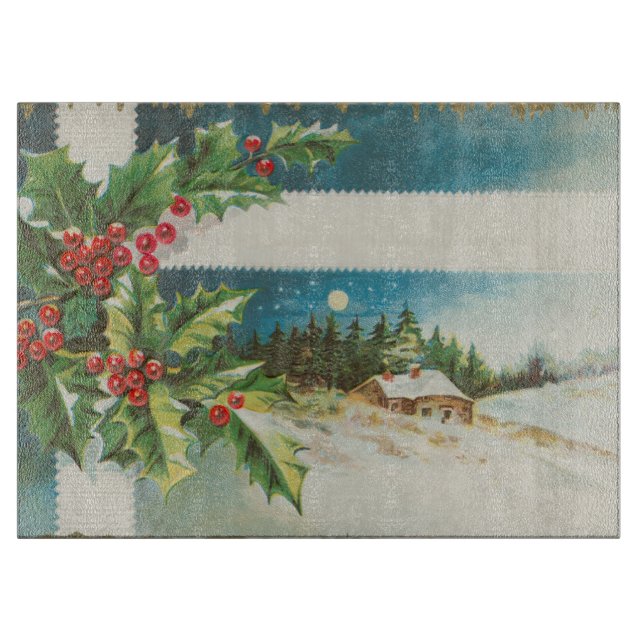 Christmas Scene Holly Snow Winter Cutting Board (Front)