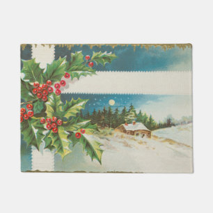 Christmas Scene Holly Snow Winter Doormat