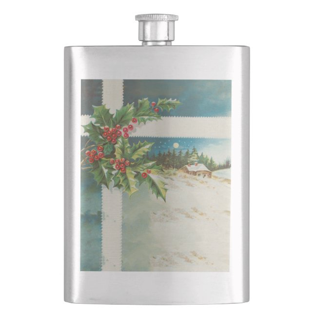 Christmas Scene Holly Snow Winter Hip Flask (Front)