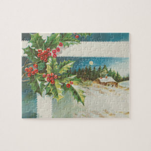 Christmas Scene Holly Snow Winter Jigsaw Puzzle
