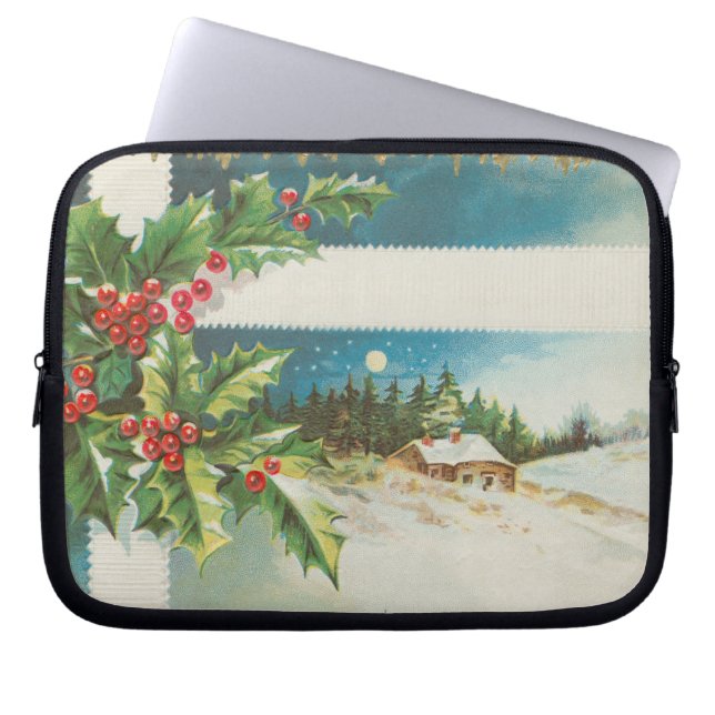 Christmas Scene Holly Snow Winter Laptop Sleeve (Front)