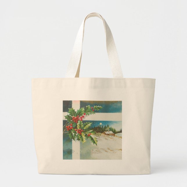 Christmas Scene Holly Snow Winter Large Tote Bag (Front)