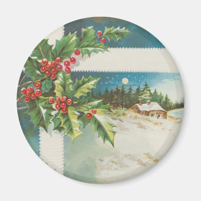 Christmas Scene Holly Snow Winter Magnet (Front)