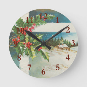 Christmas Scene Holly Snow Winter Round Clock