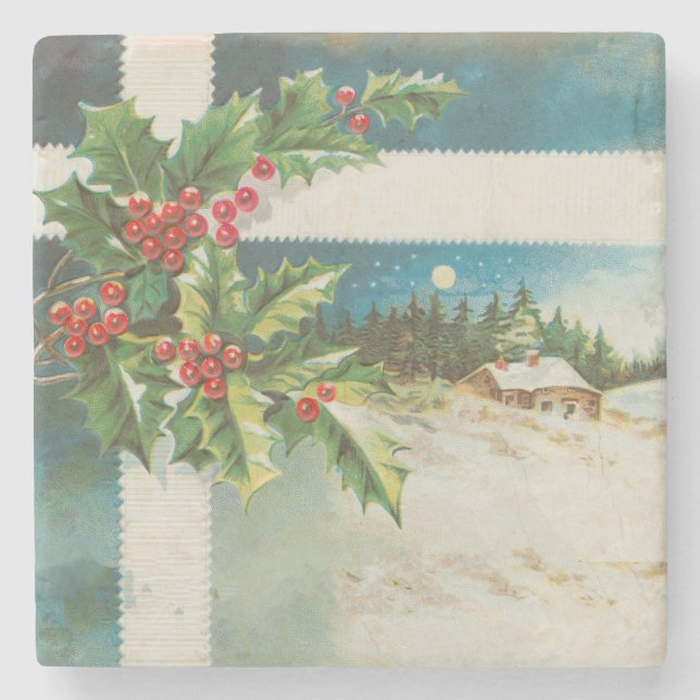 Christmas Scene Holly Snow Winter Stone Coaster (Front)