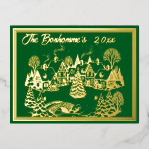 Christmas Scene in Gold with Green Foil Holiday Postcard