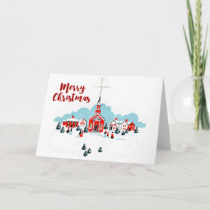 Christmas Scene with a Red Church and Star Above Holiday Card