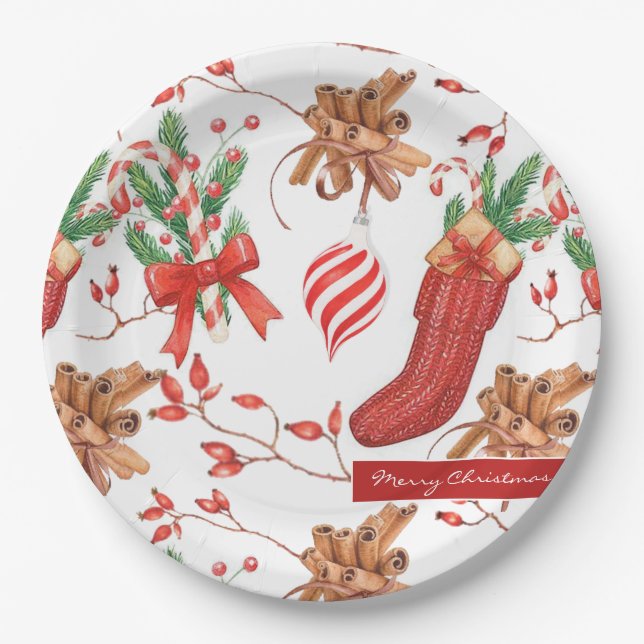 Christmas Scents Cinnamon and Peppermint Pattern Paper Plate (Front)