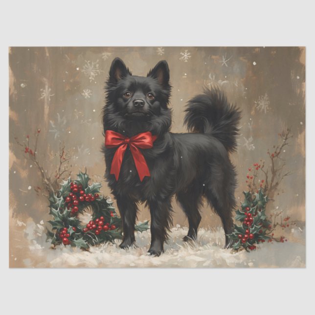 Christmas Schipperke Dog with a Red Bow Decoupage Tissue Paper (Front)