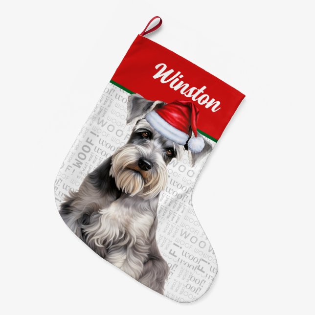 Christmas Schnauzer Dog Name Woof Background Large Christmas Stocking (Front (Hanging))