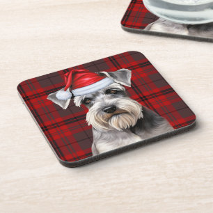 Christmas Schnauzer Dog Red Plaid Holiday Coaster