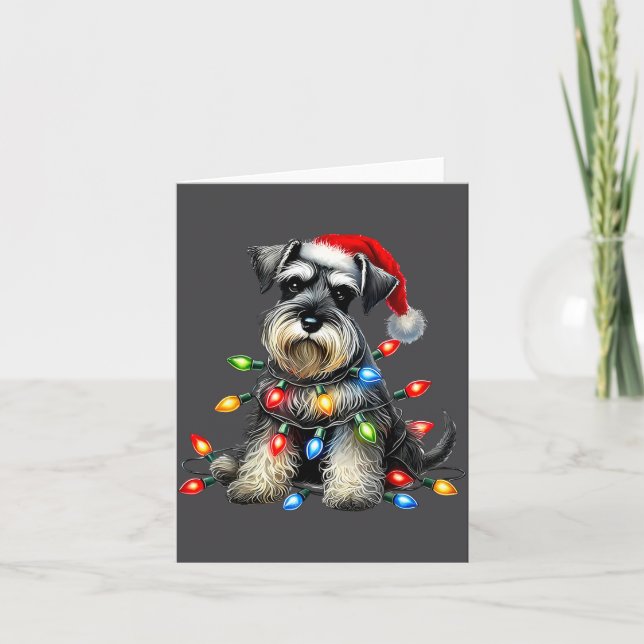 Christmas Schnauzer Dog Santa Hat Xmas Light Holid Card (Front)