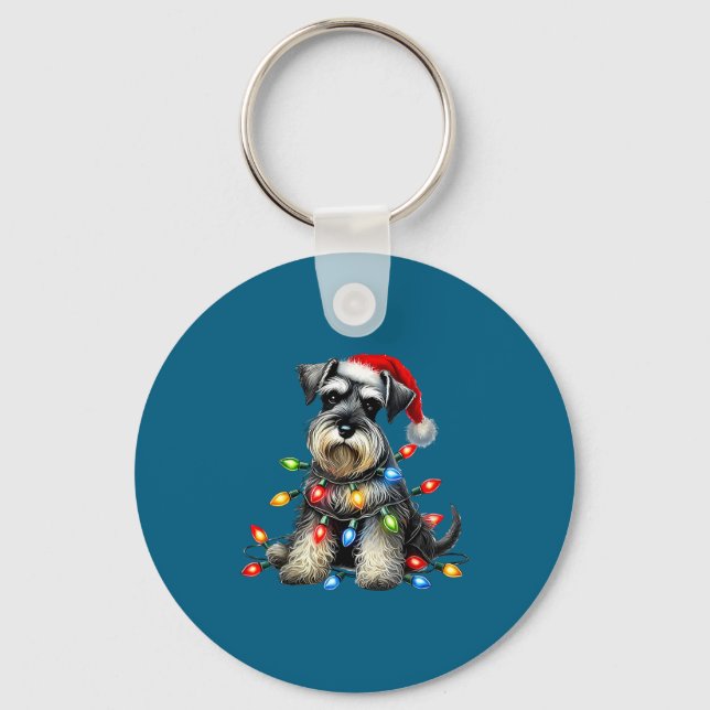 Christmas Schnauzer Dog Santa Hat Xmas Light Holid Key Ring (Front)