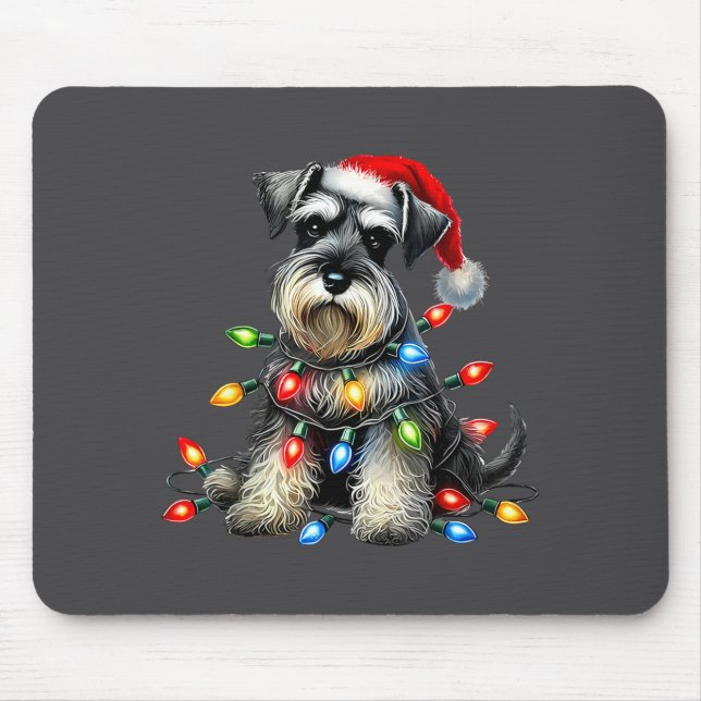 Christmas Schnauzer Dog Santa Hat Xmas Light Holid Mouse Pad (Front)