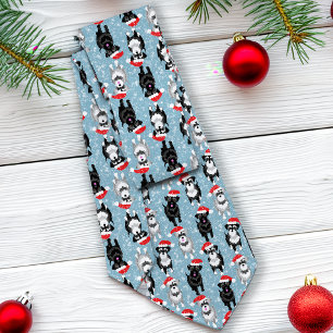 Christmas Schnauzers in Santa Hats Light Blue Tie