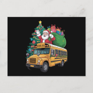 Christmas School Bus Santa Xmas Tree Holiday Postcard
