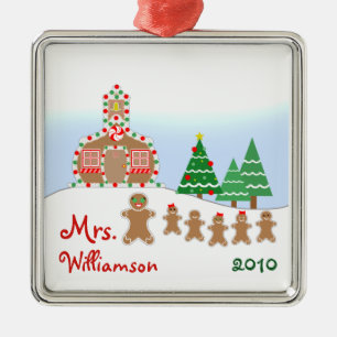 Christmas Schoolhouse Scene - Gingerbread Teacher Metal Tree Decoration