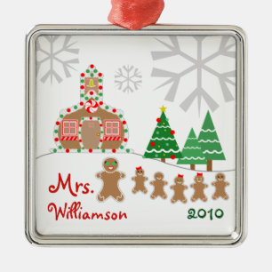 Christmas Schoolhouse Scene - Gingerbread Teacher Metal Tree Decoration