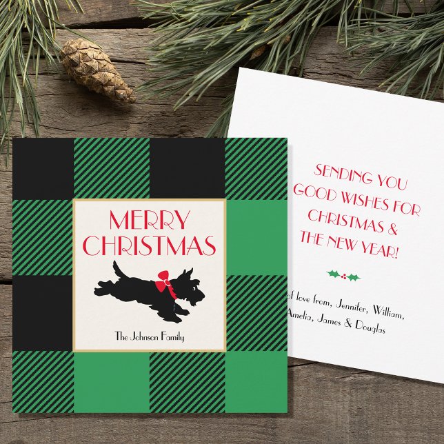 Christmas Scottie Dog Buffalo Plaid Green Flat Card (Creator Uploaded)