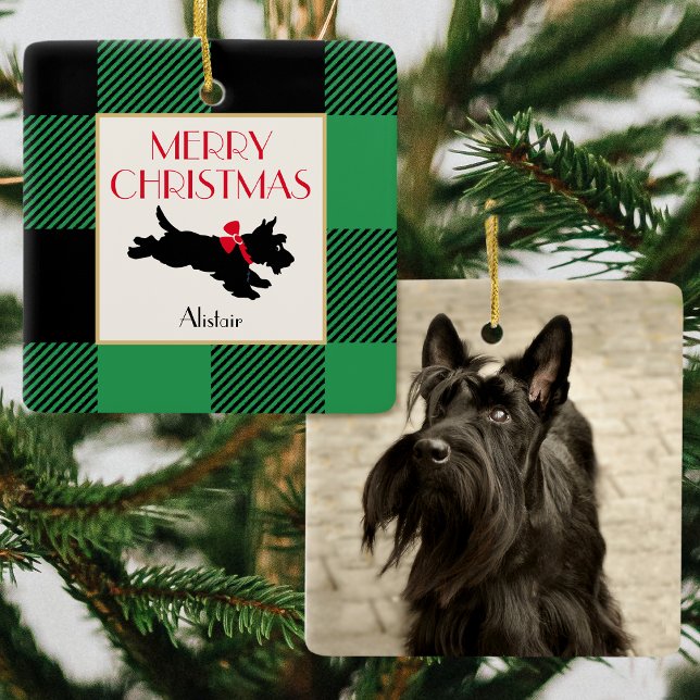Christmas Scottie Dog Photo Buffalo Plaid Green Ceramic Ornament (Creator Uploaded)