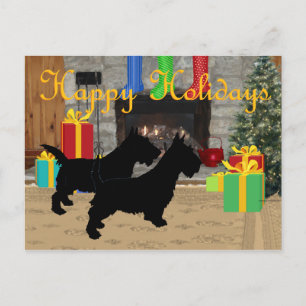 Christmas Scotties by the Fireplace Holiday Postcard