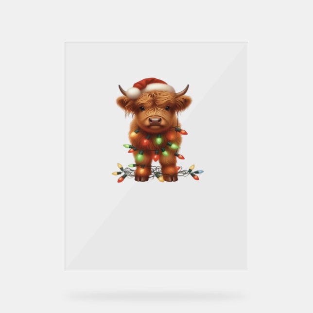 Christmas Scottish Highland Cow Classic T-Shirt Acrylic Sign (Front)