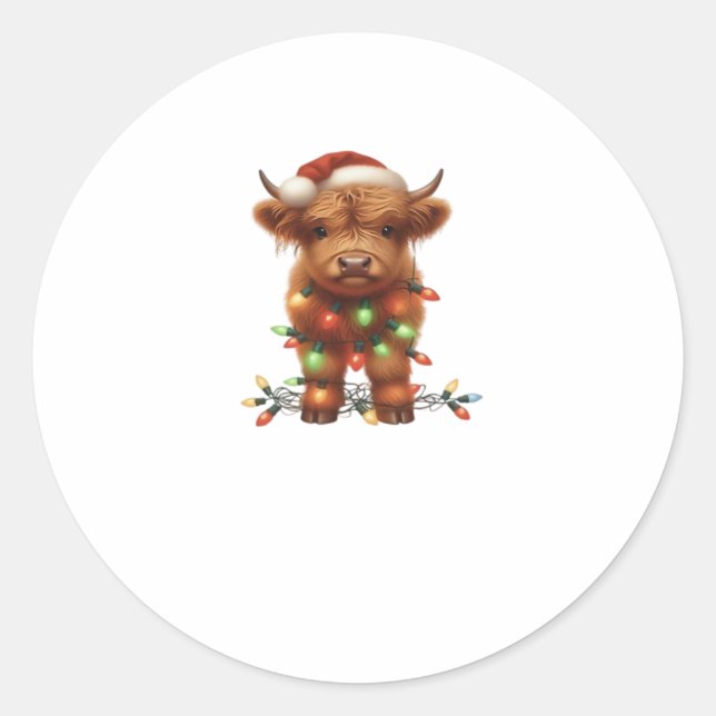 Christmas Scottish Highland Cow Classic T-Shirt Classic Round Sticker (Front)