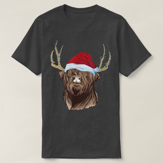 Christmas Scottish Highland Cow XMas Santa Hat Lig T-Shirt (Design Front)