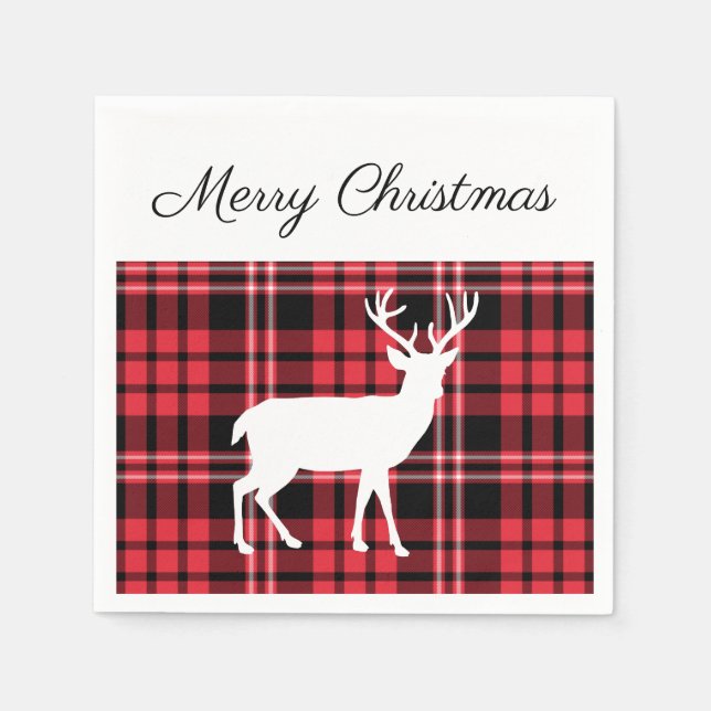 Christmas Scottish Red Tartan Plaid Pattern Stag Napkin (Front)