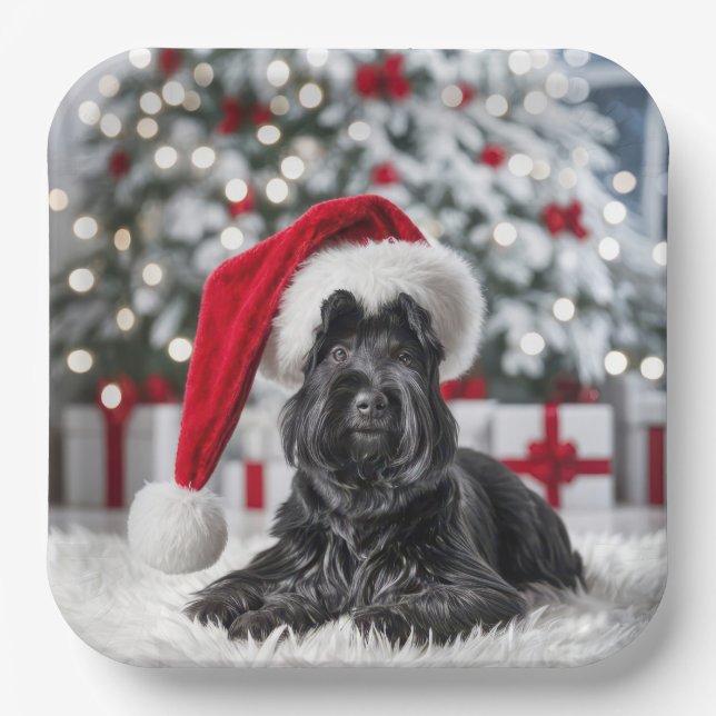 Christmas Scottish Terrier On a White Rug Paper Plate (Front)