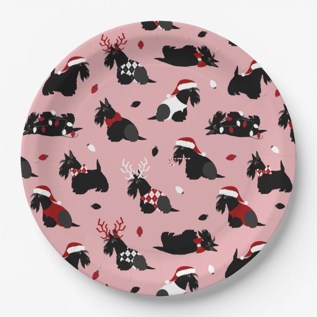 Christmas Scottish Terrier Pink Paper Plate (Front)