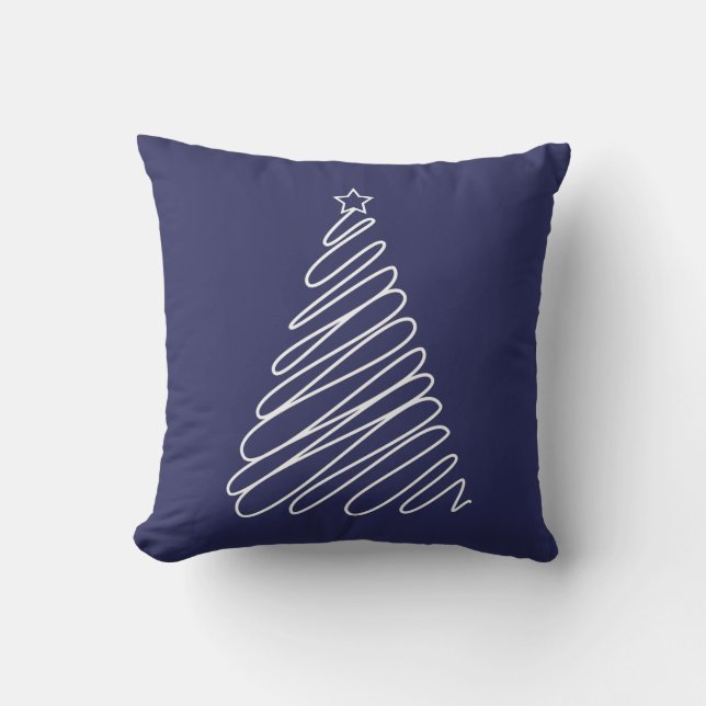 Christmas Scribble Tree Navy Blue White Cushion (Front)