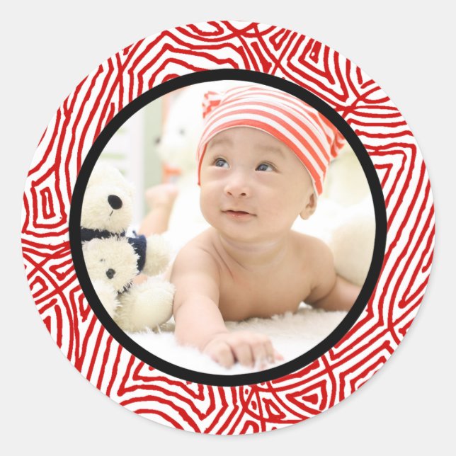 Christmas Scribbleprints Border - Red and Black Classic Round Sticker (Front)