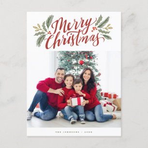 Christmas script and greens holiday multi-photo  postcard